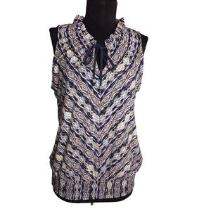 WHBM Size S Blouse Top Womens Sleeveless Ruffle Neck Tie Abstract Printed Design